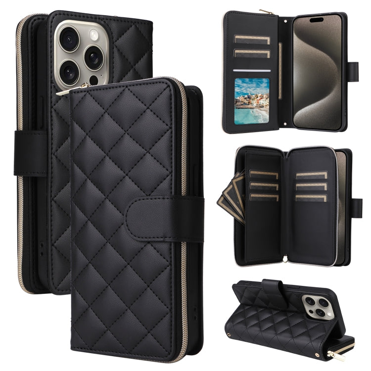 Crossbody Rhombic Zipper Tower Buckle Leather Phone Case with Lanyard