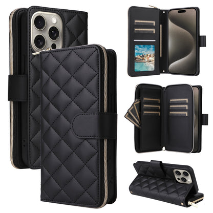 Crossbody Rhombic Zipper Tower Buckle Leather Phone Case with Lanyard