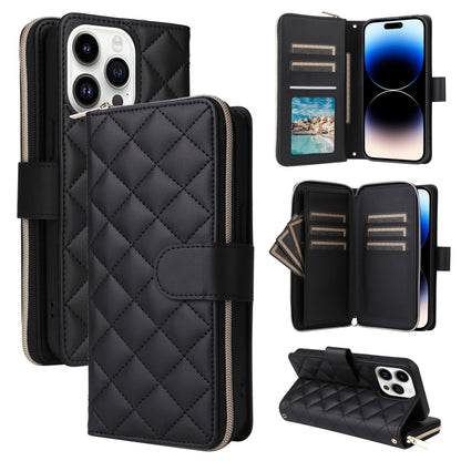 Crossbody Rhombic Zipper Tower Buckle Leather Phone Case with Lanyard