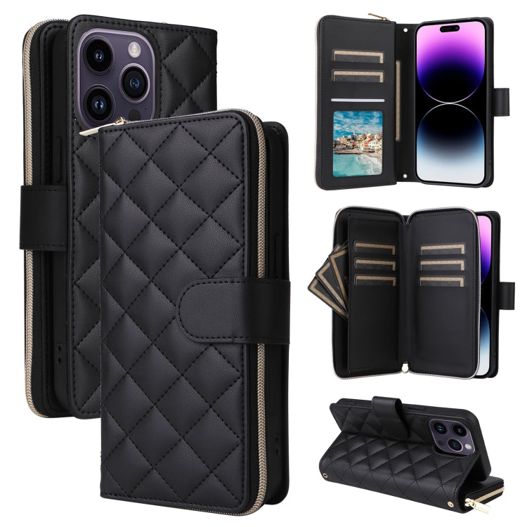 Crossbody Rhombic Zipper Tower Buckle Leather Phone Case with Lanyard