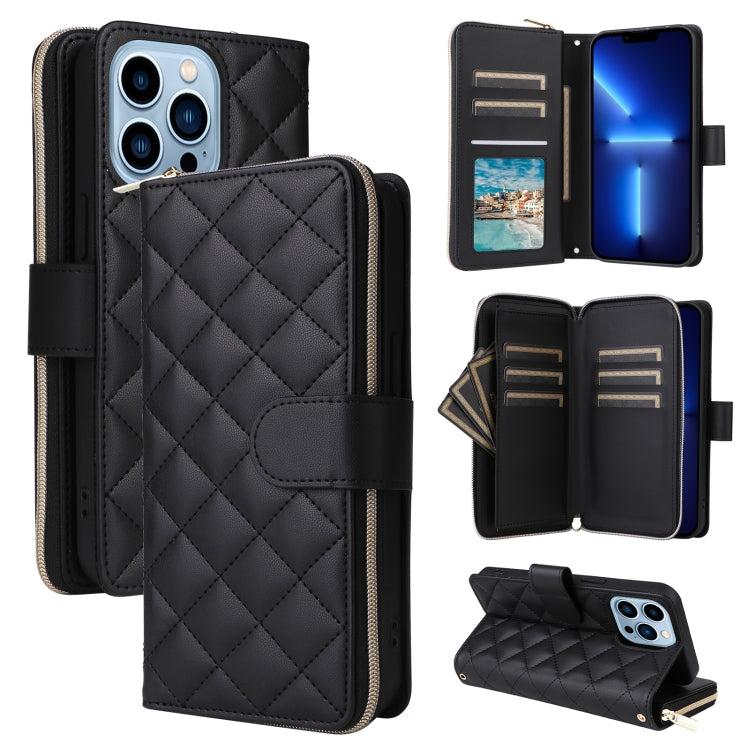 Crossbody Rhombic Zipper Tower Buckle Leather Phone Case with Lanyard