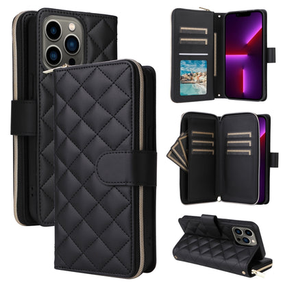 Crossbody Rhombic Zipper Tower Buckle Leather Phone Case with Lanyard