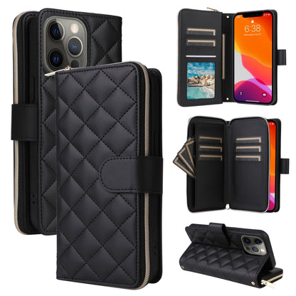 Crossbody Rhombic Zipper Tower Buckle Leather Phone Case with Lanyard
