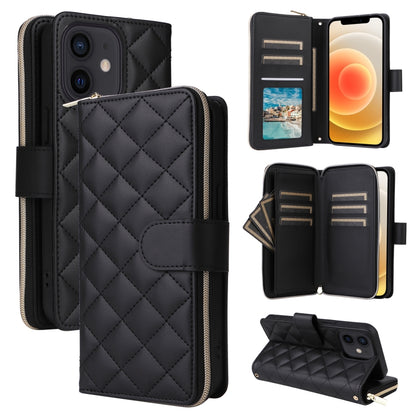 Crossbody Rhombic Zipper Tower Buckle Leather Phone Case with Lanyard