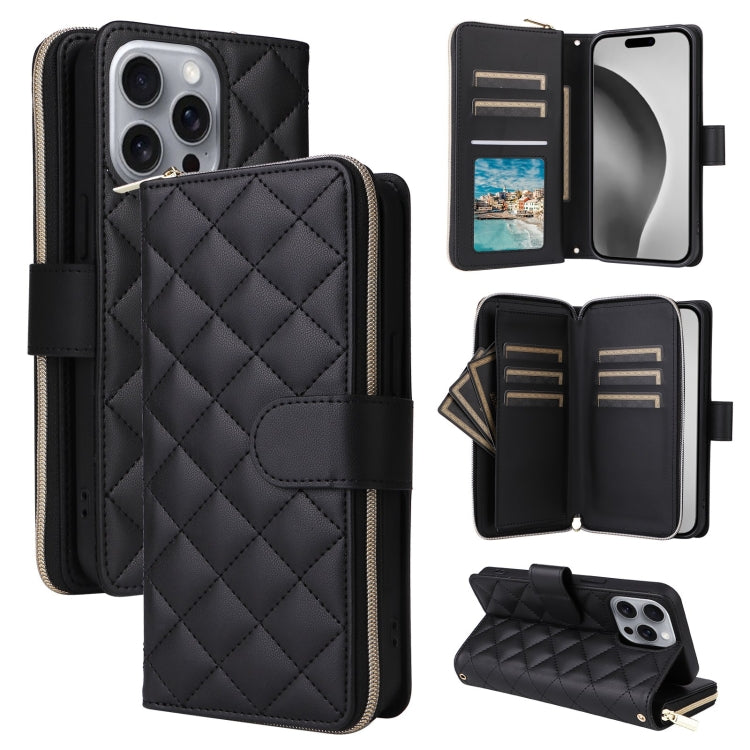 Crossbody Rhombic Zipper Tower Buckle Leather Phone Case with Lanyard