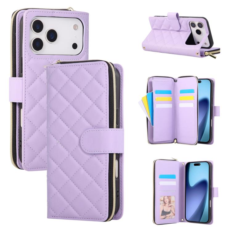 Crossbody Rhombic Zipper Tower Buckle Leather Phone Case with Lanyard