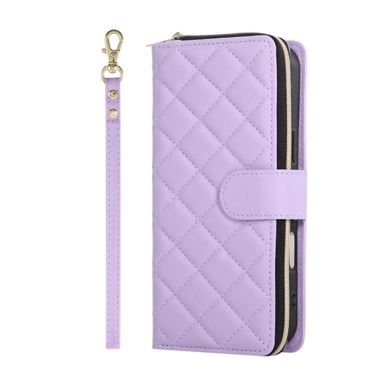 Crossbody Rhombic Zipper Tower Buckle Leather Phone Case with Lanyard