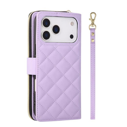 Crossbody Rhombic Zipper Tower Buckle Leather Phone Case with Lanyard