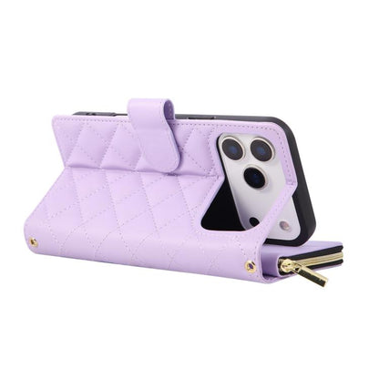 Crossbody Rhombic Zipper Tower Buckle Leather Phone Case with Lanyard
