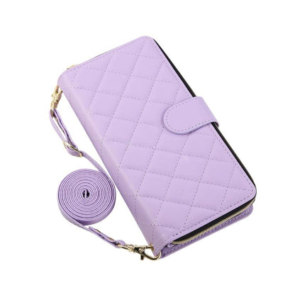 Crossbody Rhombic Zipper Tower Buckle Leather Phone Case with Lanyard