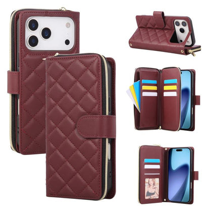 Crossbody Rhombic Zipper Tower Buckle Leather Phone Case with Lanyard