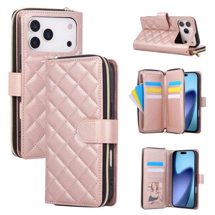 Crossbody Rhombic Zipper Tower Buckle Leather Phone Case with Lanyard