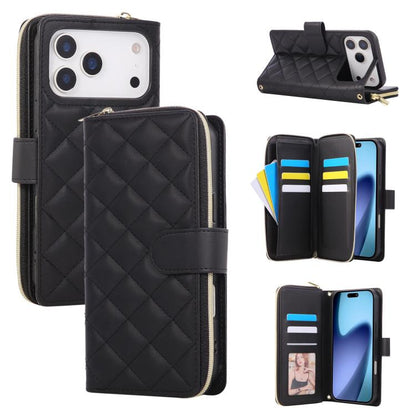 Crossbody Rhombic Zipper Tower Buckle Leather Phone Case with Lanyard
