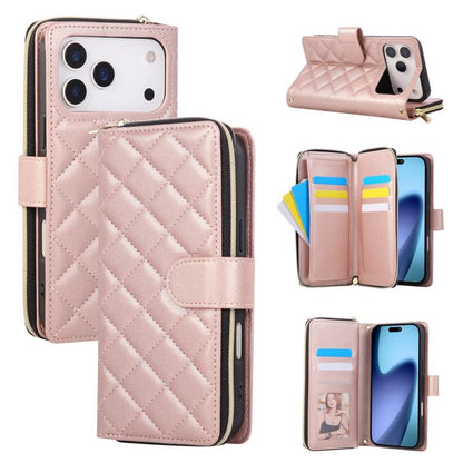 Crossbody Rhombic Zipper Tower Buckle Leather Phone Case with Lanyard