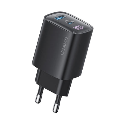USAMS CC229 30W USB+USB-C / Type-C Dual Port GaN Digital Display Charger, Specifications: EU Plug...