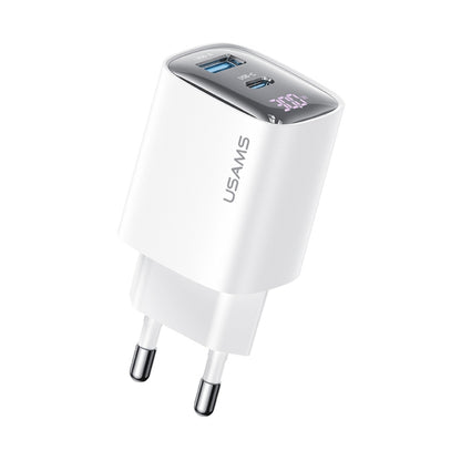 USAMS CC229 30W USB+USB-C / Type-C Dual Port GaN Digital Display Charger, Specifications: EU Plug...