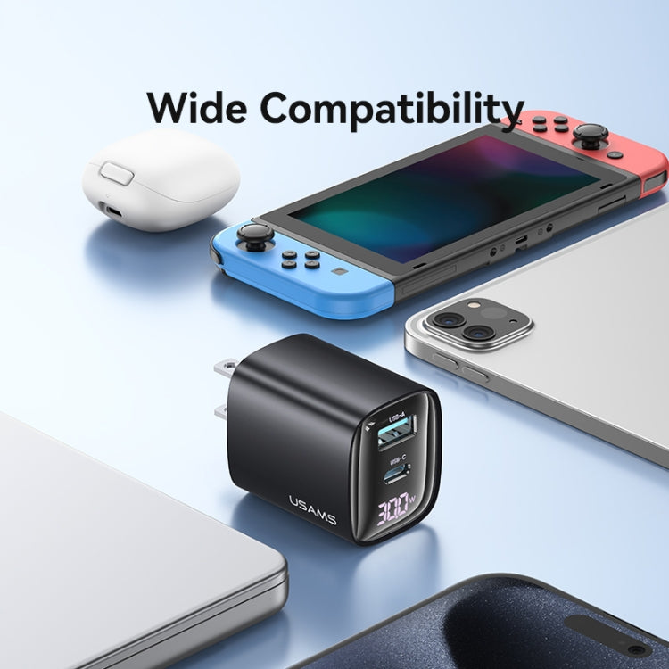 USAMS CC230 30W USB+USB-C / Type-C Dual Port GaN Digital Display Charger, Specifications: US Plug...