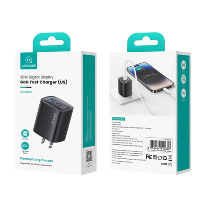 USAMS CC230 30W USB+USB-C / Type-C Dual Port GaN Digital Display Charger, Specifications: US Plug...