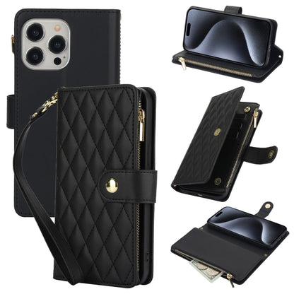 YM016 Rhombic Zipper Card Wallet Leather Phone Case with Lanyard