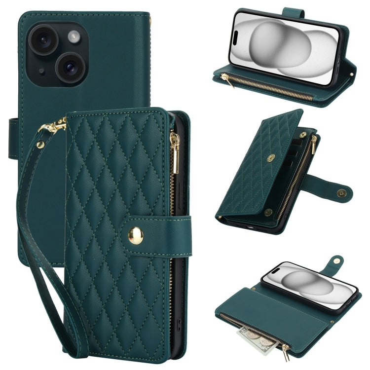 YM016 Rhombic Zipper Card Wallet Leather Phone Case with Lanyard
