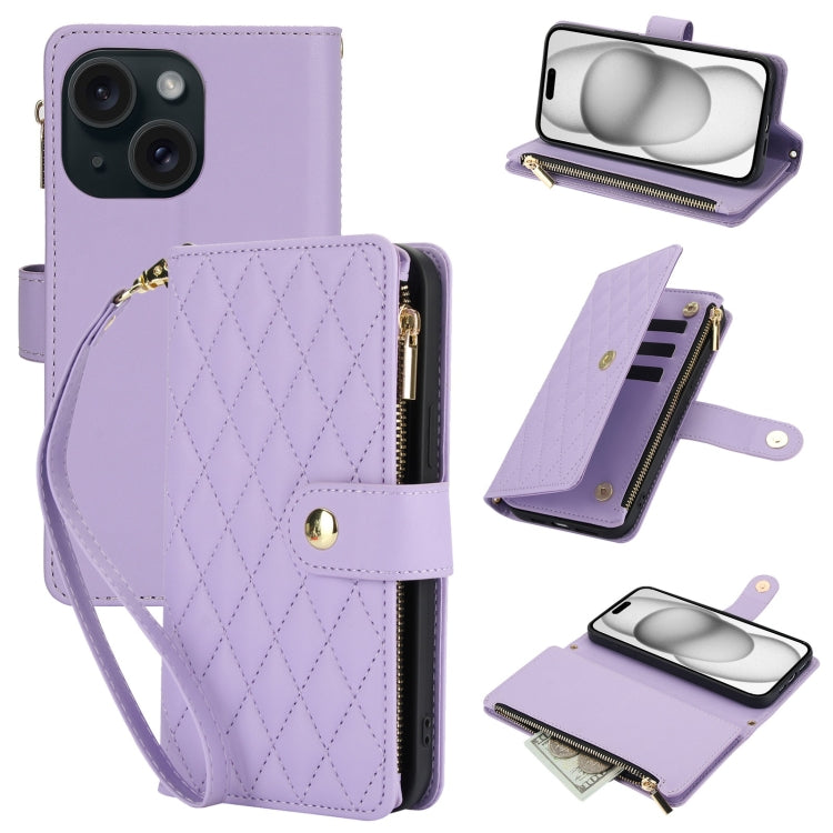 YM016 Rhombic Zipper Card Wallet Leather Phone Case with Lanyard