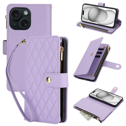 YM016 Rhombic Zipper Card Wallet Leather Phone Case with Lanyard