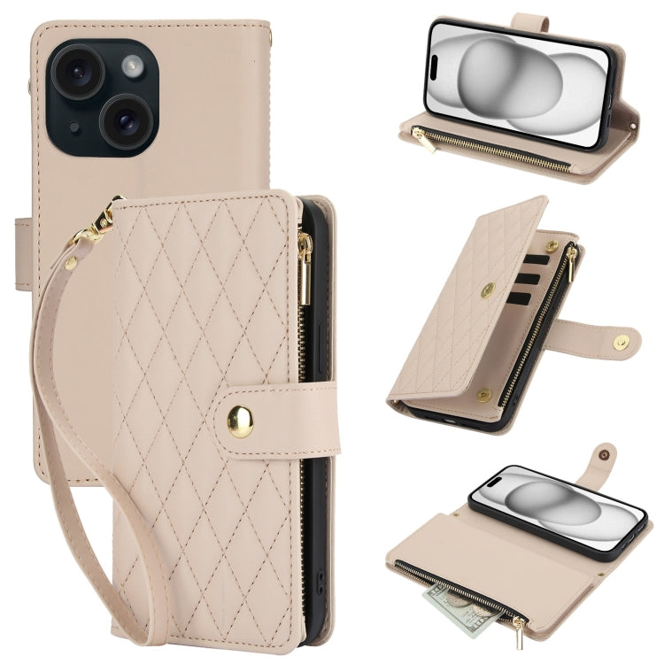 YM016 Rhombic Zipper Card Wallet Leather Phone Case with Lanyard