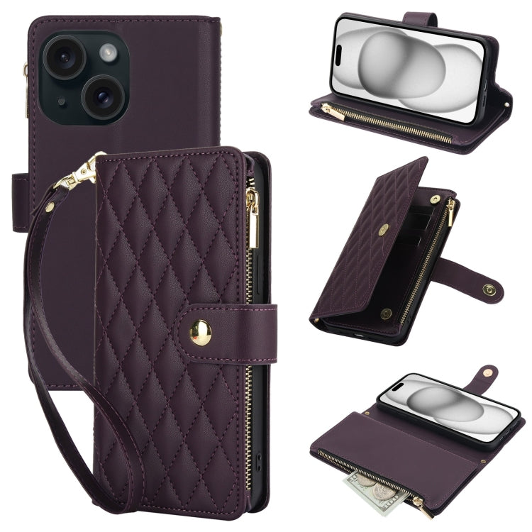 YM016 Rhombic Zipper Card Wallet Leather Phone Case with Lanyard