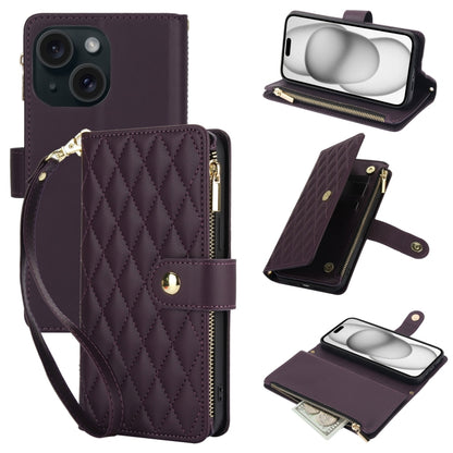 YM016 Rhombic Zipper Card Wallet Leather Phone Case with Lanyard