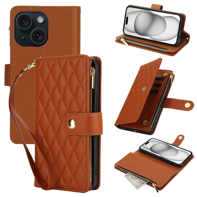 YM016 Rhombic Zipper Card Wallet Leather Phone Case with Lanyard