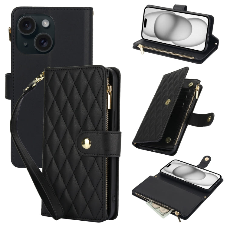 YM016 Rhombic Zipper Card Wallet Leather Phone Case with Lanyard
