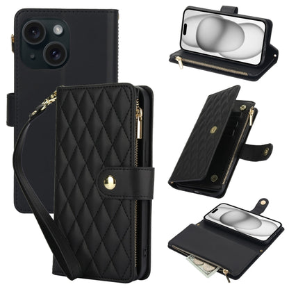 YM016 Rhombic Zipper Card Wallet Leather Phone Case with Lanyard