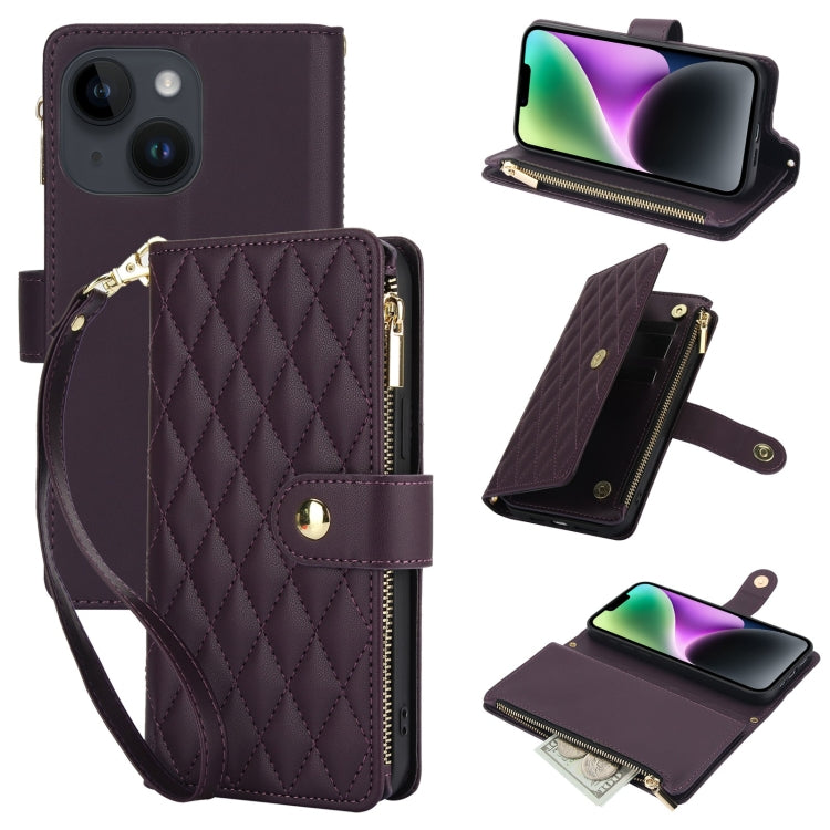 YM016 Rhombic Zipper Card Wallet Leather Phone Case with Lanyard