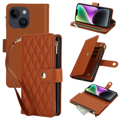 YM016 Rhombic Zipper Card Wallet Leather Phone Case with Lanyard