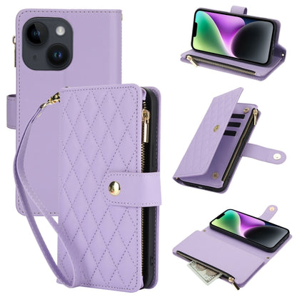 YM016 Rhombic Zipper Card Wallet Leather Phone Case with Lanyard