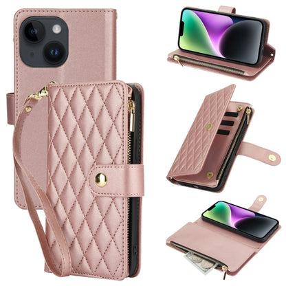 YM016 Rhombic Zipper Card Wallet Leather Phone Case with Lanyard