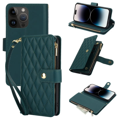 YM016 Rhombic Zipper Card Wallet Leather Phone Case with Lanyard