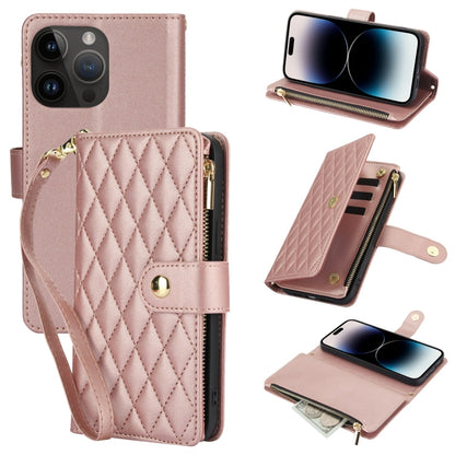 YM016 Rhombic Zipper Card Wallet Leather Phone Case with Lanyard