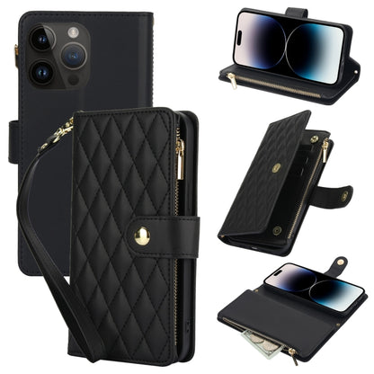 YM016 Rhombic Zipper Card Wallet Leather Phone Case with Lanyard