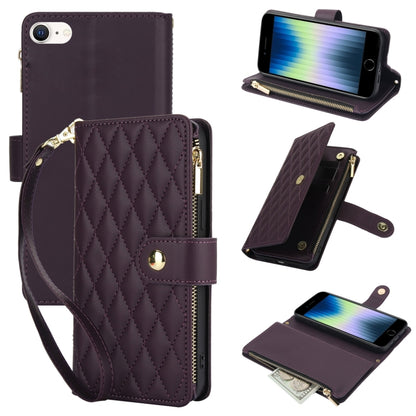 YM016 Rhombic Zipper Card Wallet Leather Phone Case with Lanyard