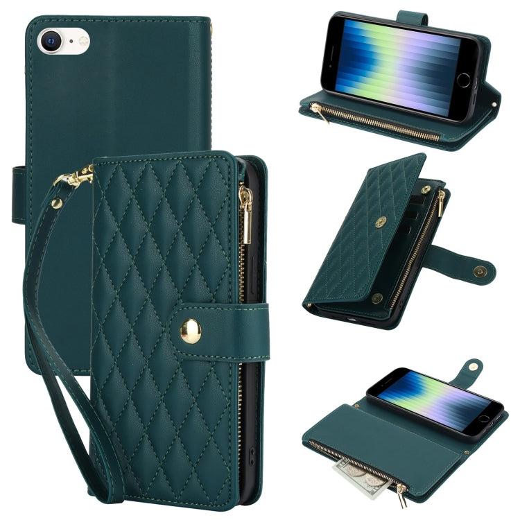 YM016 Rhombic Zipper Card Wallet Leather Phone Case with Lanyard
