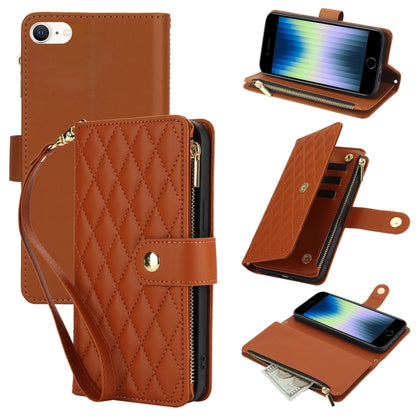 YM016 Rhombic Zipper Card Wallet Leather Phone Case with Lanyard