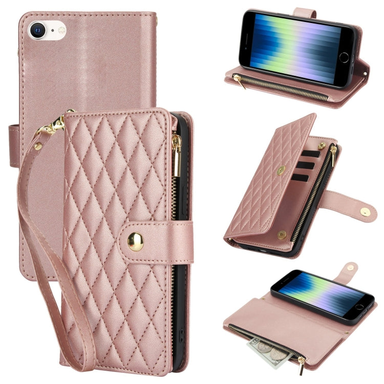YM016 Rhombic Zipper Card Wallet Leather Phone Case with Lanyard