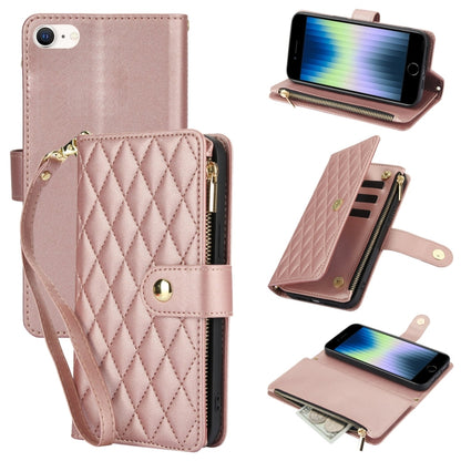 YM016 Rhombic Zipper Card Wallet Leather Phone Case with Lanyard