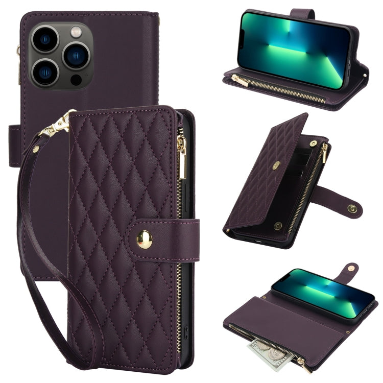 YM016 Rhombic Zipper Card Wallet Leather Phone Case with Lanyard