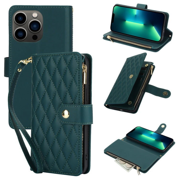 YM016 Rhombic Zipper Card Wallet Leather Phone Case with Lanyard