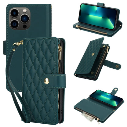 YM016 Rhombic Zipper Card Wallet Leather Phone Case with Lanyard