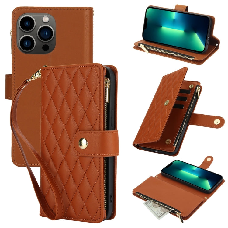 YM016 Rhombic Zipper Card Wallet Leather Phone Case with Lanyard