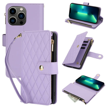 YM016 Rhombic Zipper Card Wallet Leather Phone Case with Lanyard