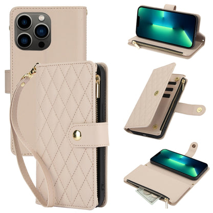 YM016 Rhombic Zipper Card Wallet Leather Phone Case with Lanyard